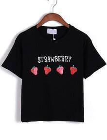 Strawberry Print Black T-shirt