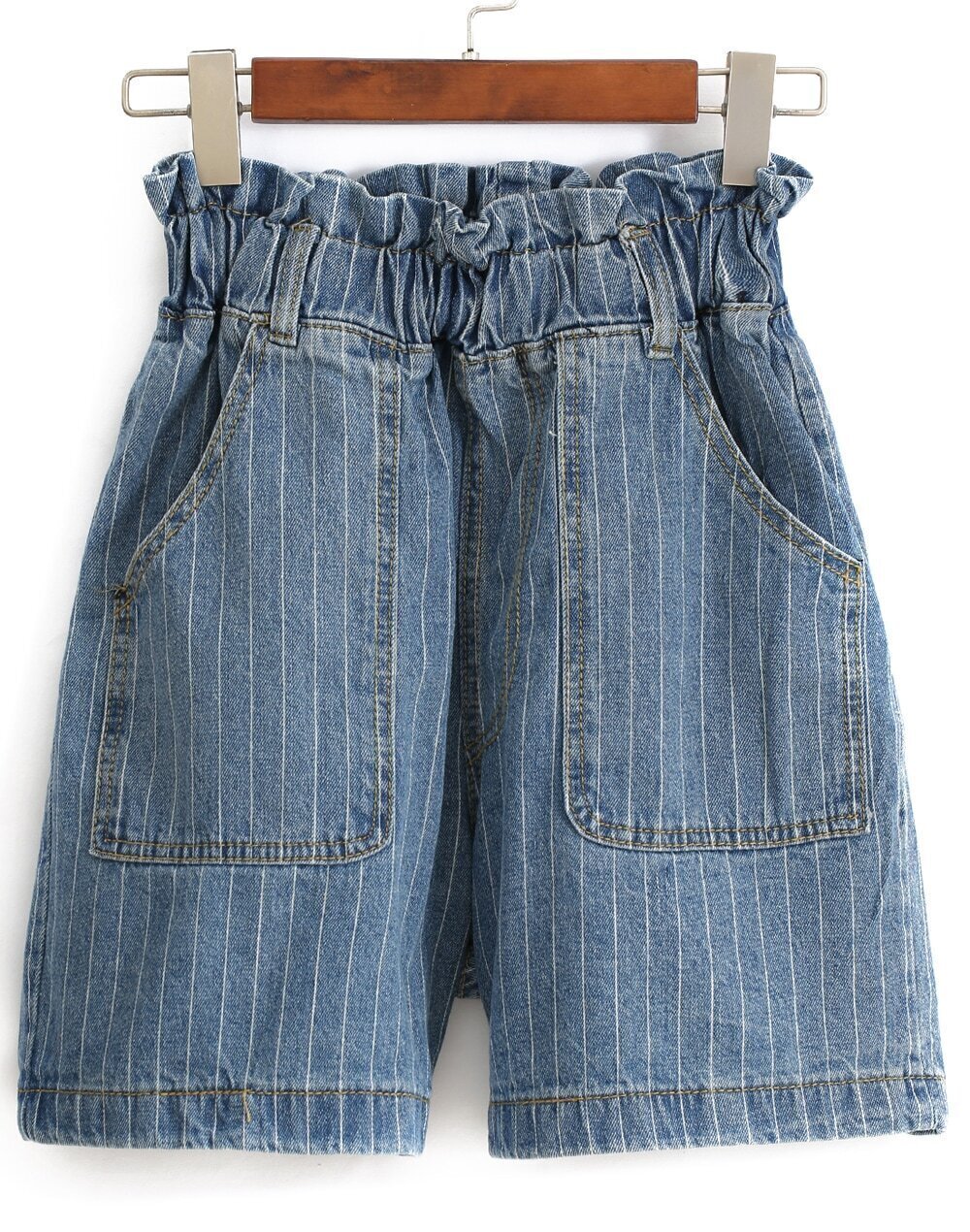 Elastic Waist With Pockets Vertical Striped Denim ShortsFor Womenromwe