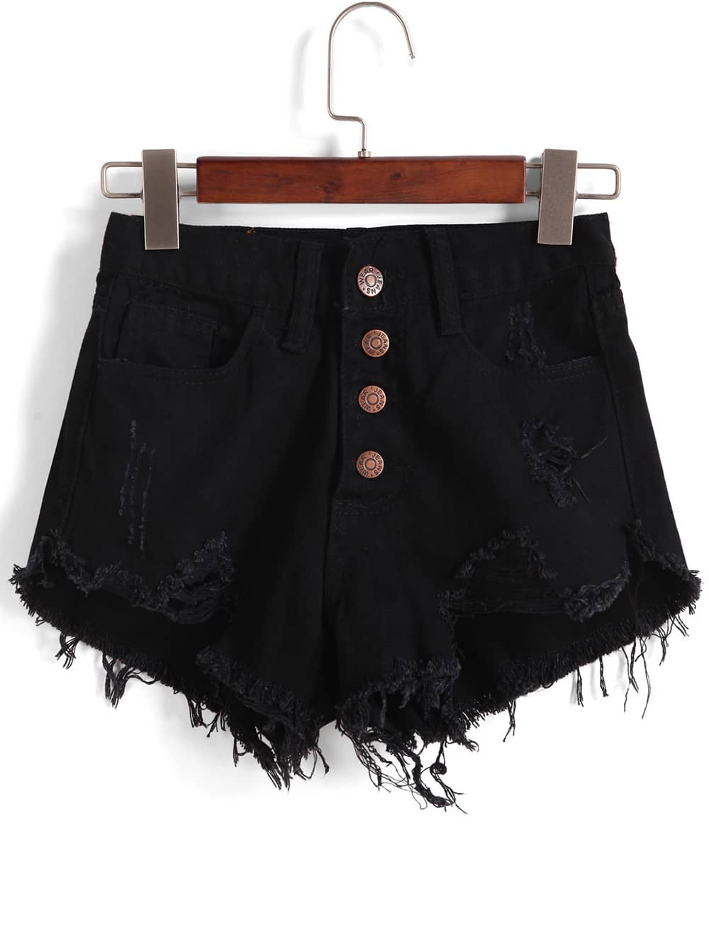 Singlebreasted Ripped Fringe Denim Black Shorts