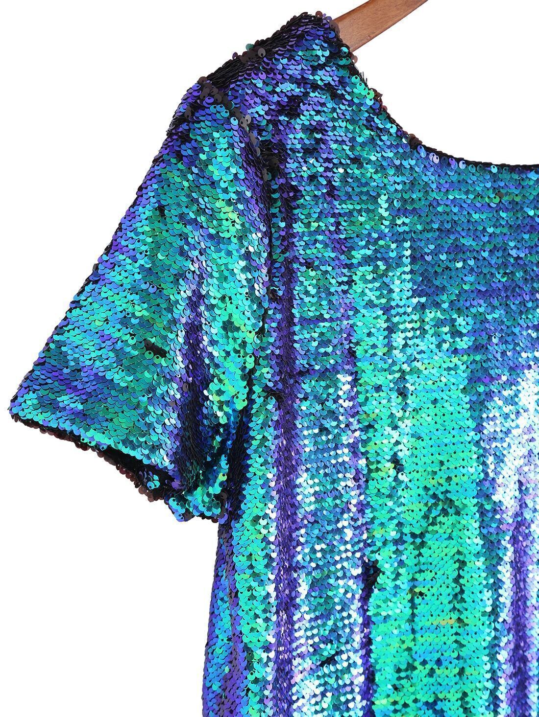 V Neck Sequined Green TshirtFor Womenromwe
