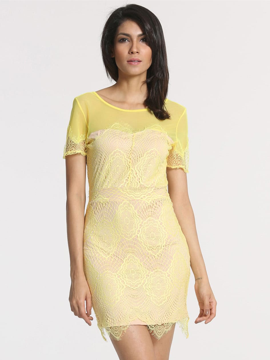 Yellow Short Sleeve V Back Lace Dress - $5.89