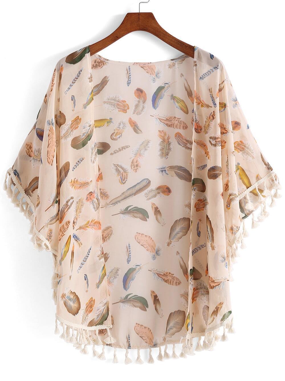 With Tassel Feather Print Chiffon KimonoFor Womenromwe