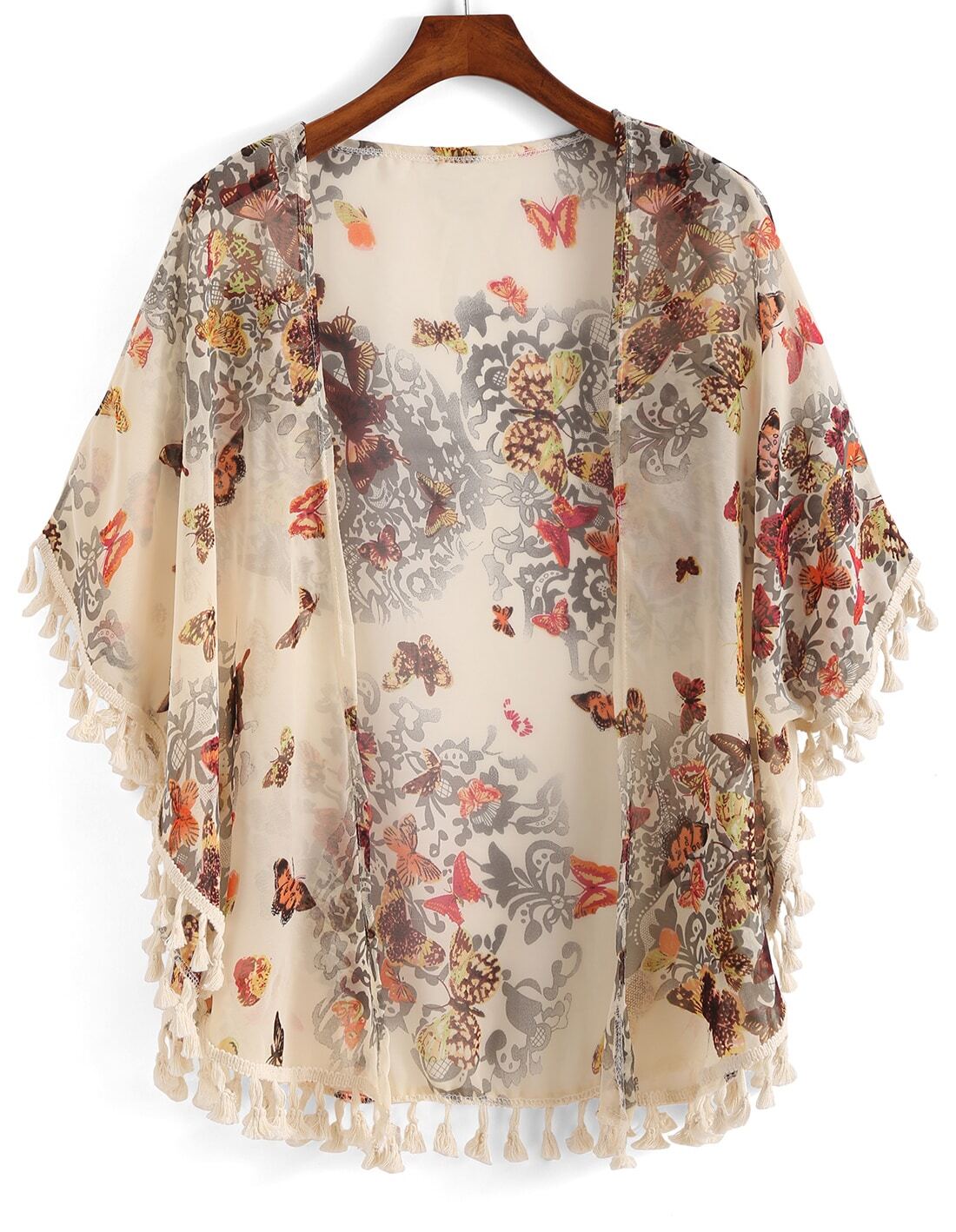 With Tassel Butterfly Print Chiffon KimonoFor Womenromwe