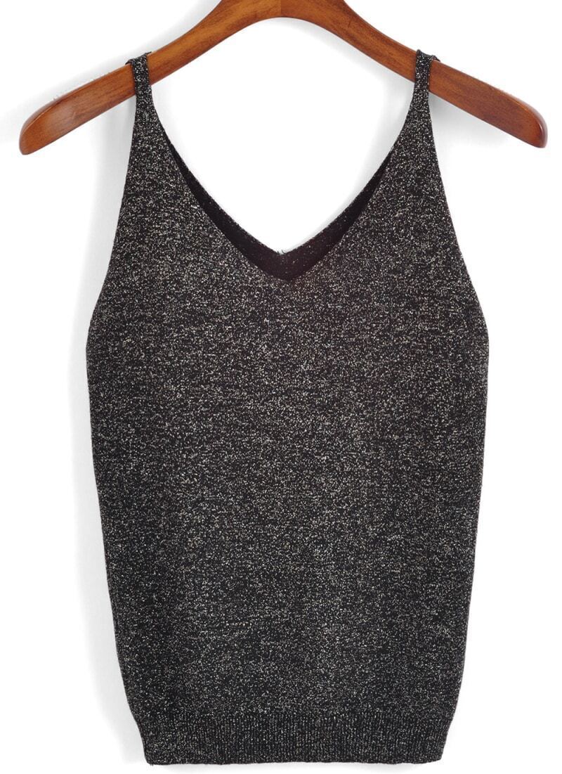V Neck Knit Black Tank TopFor Womenromwe