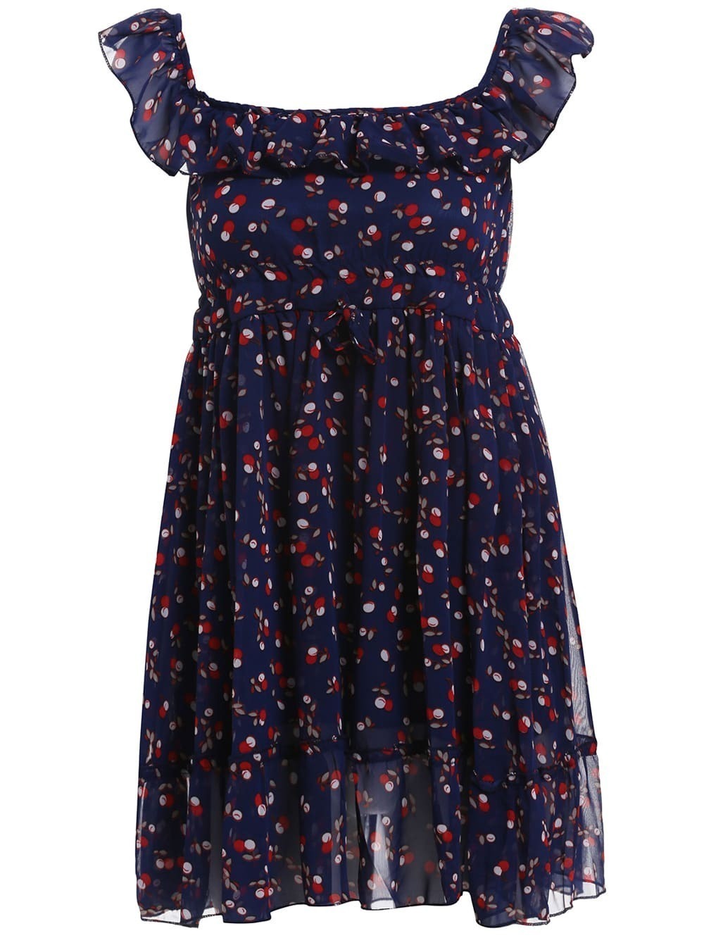 Square Neck Cherry Print Chiffon DressFor Womenromwe