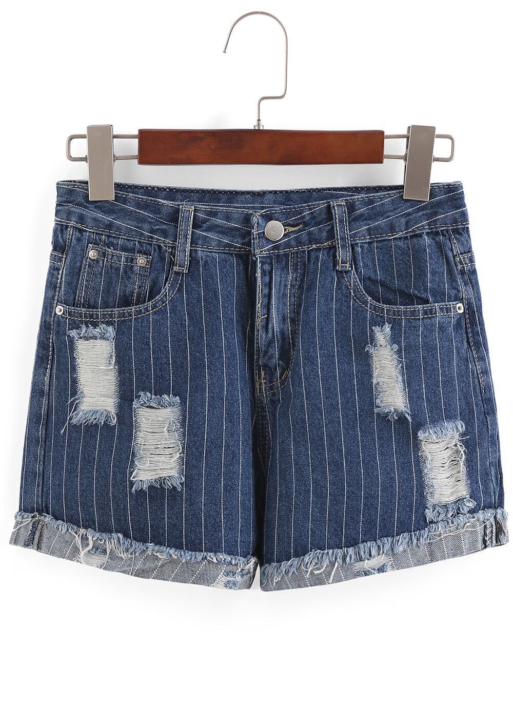 Ripped Vertical Striped Denim ShortsFor Womenromwe