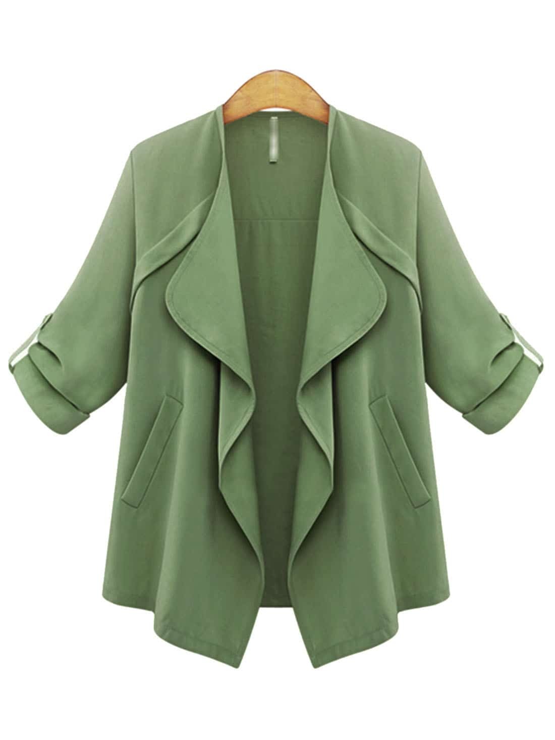 Long Sleeve With Pockets Loose Army Green CoatFor Womenromwe