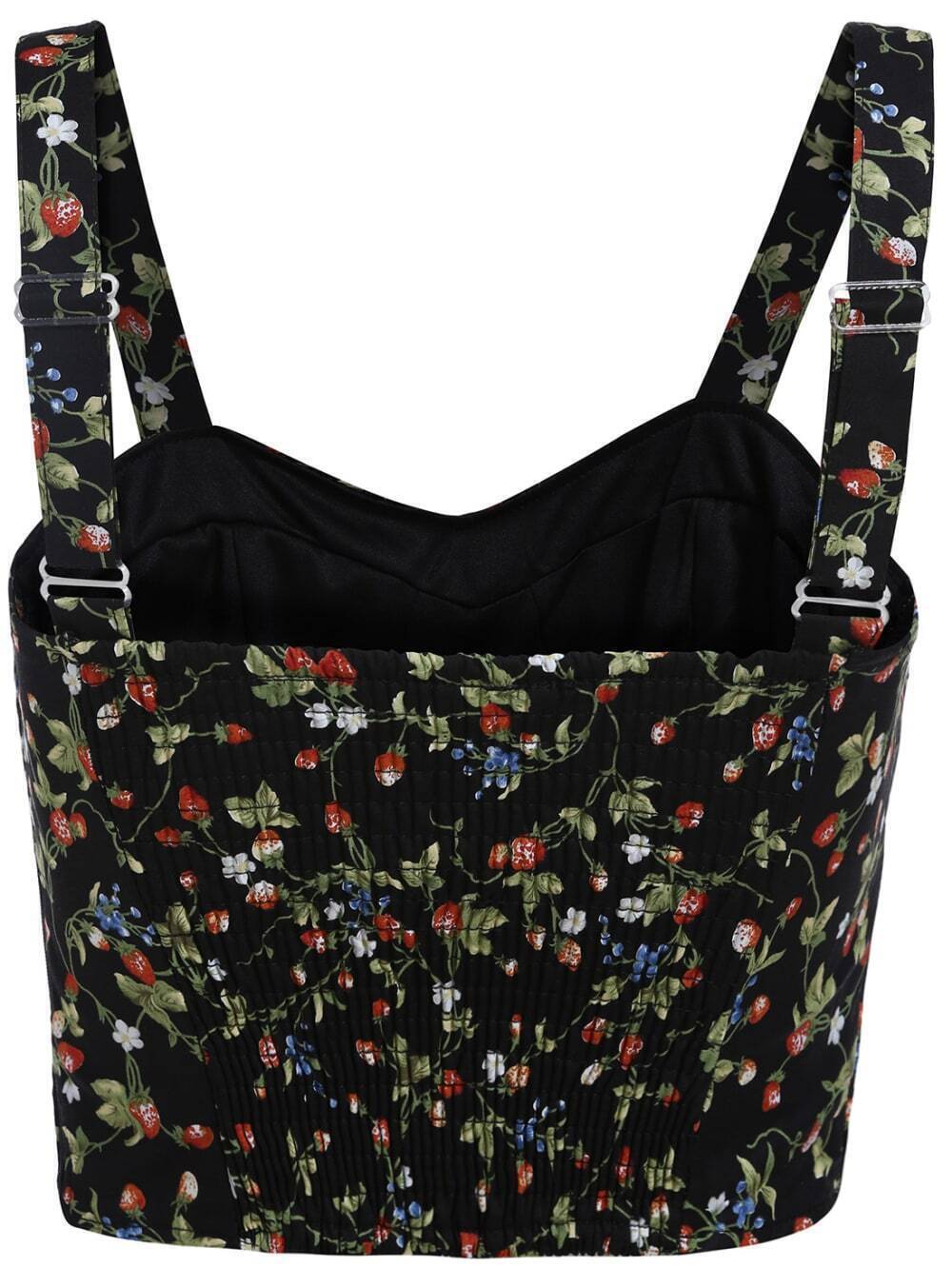 Spaghetti Strap Flower Print Black Cami TopFor Womenromwe