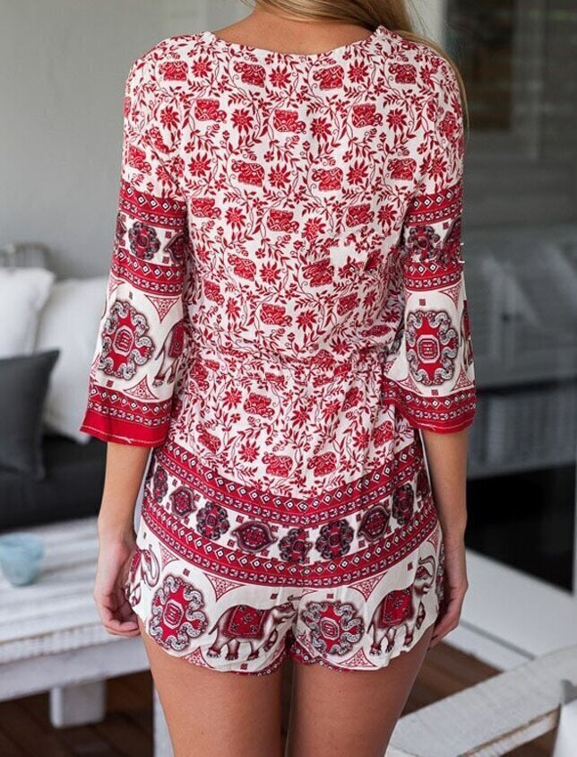 Red V Neck Tiewaist Floral JumpsuitFor Womenromwe