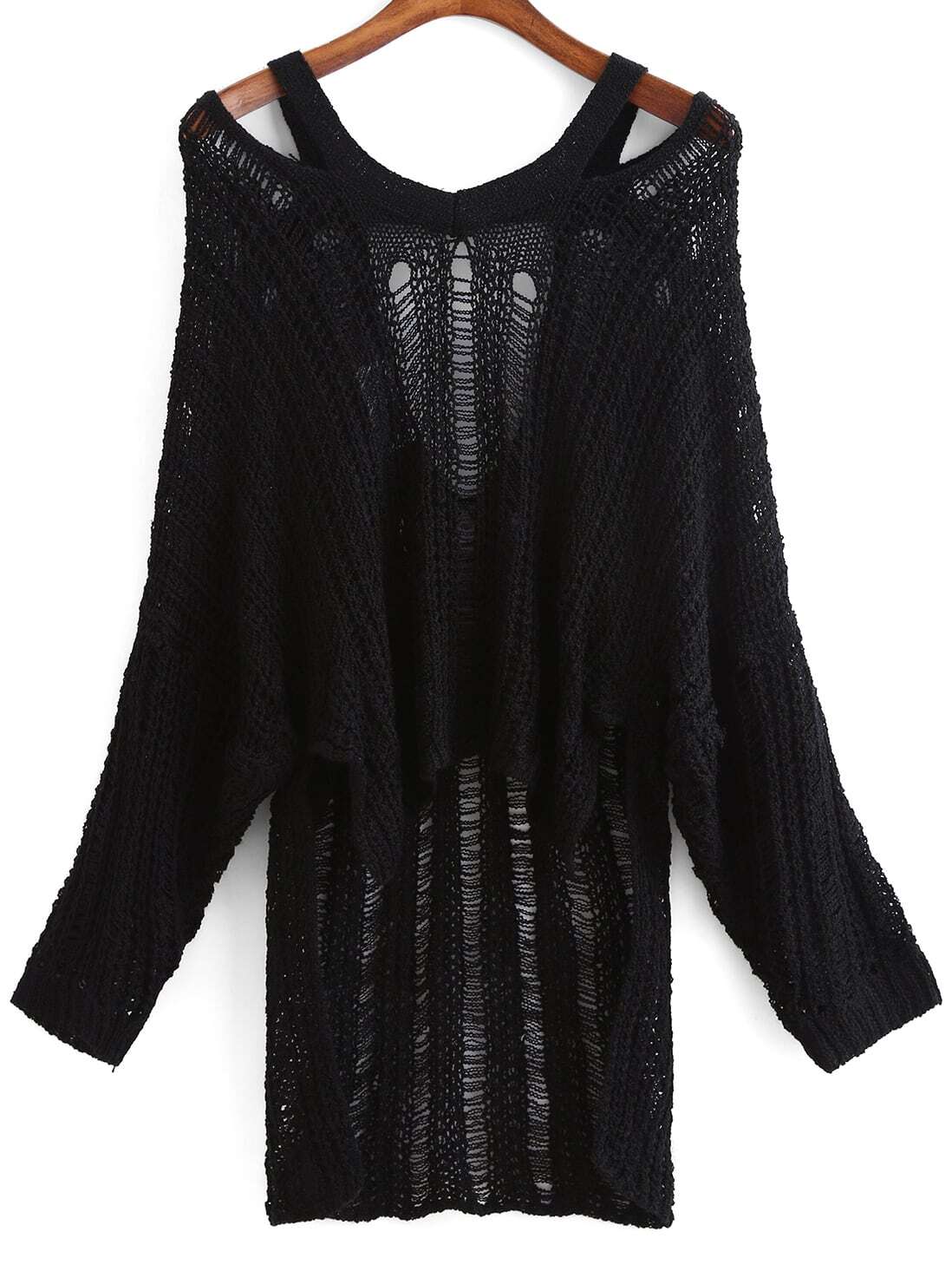 Black Long Sleeve Ripped Knit SweaterFor Womenromwe