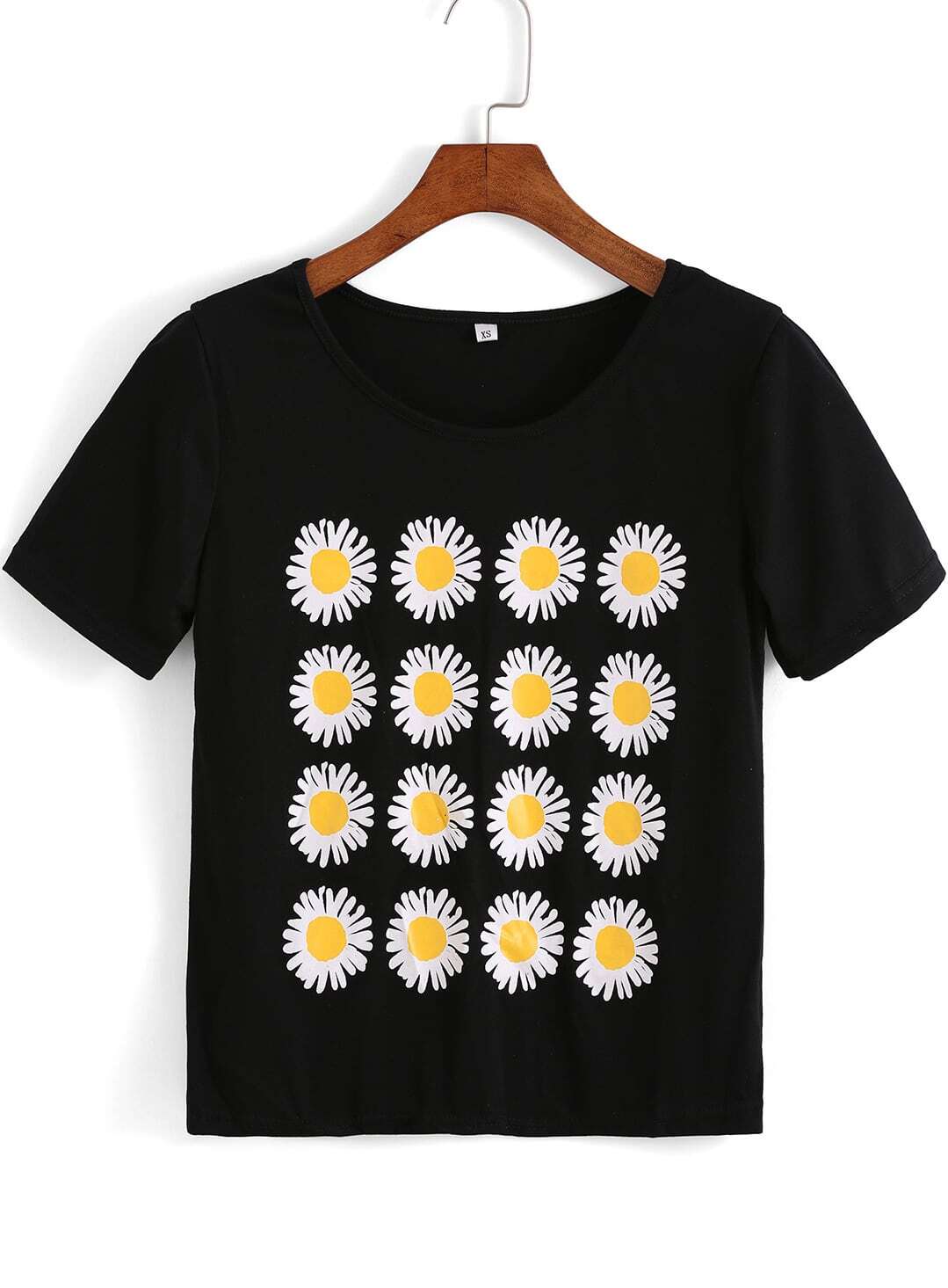Black Short Sleeve Daisy Print TShirtFor Womenromwe