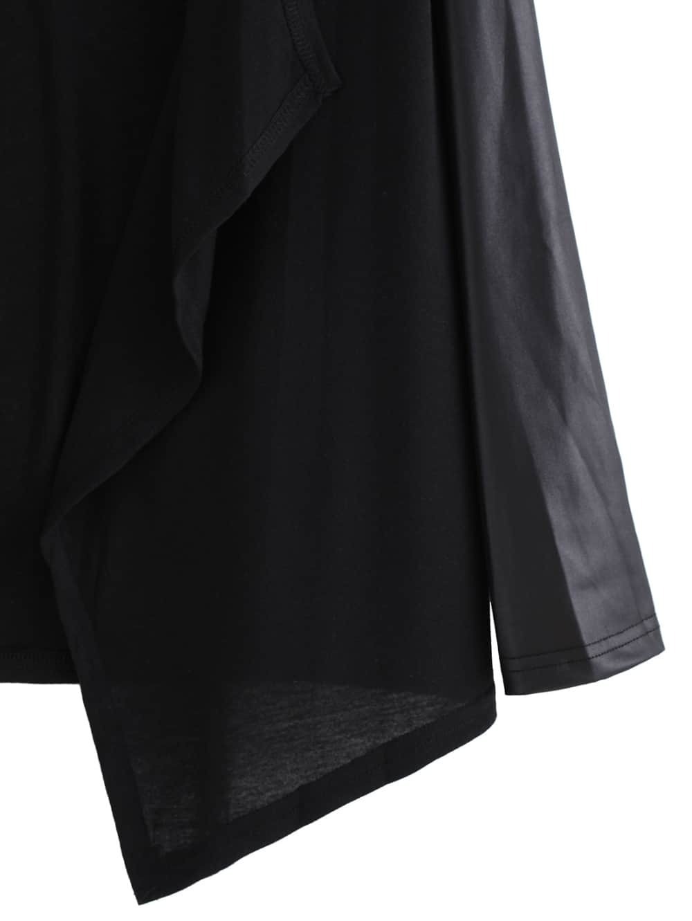 Coffee Contrast PU Leather Dip Hem CoatFor Womenromwe