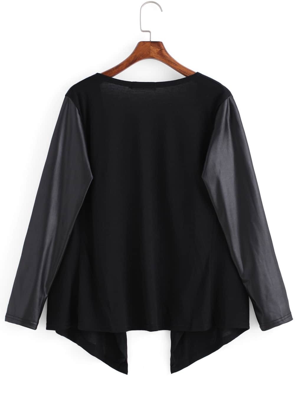 Coffee Contrast PU Leather Dip Hem CoatFor Womenromwe