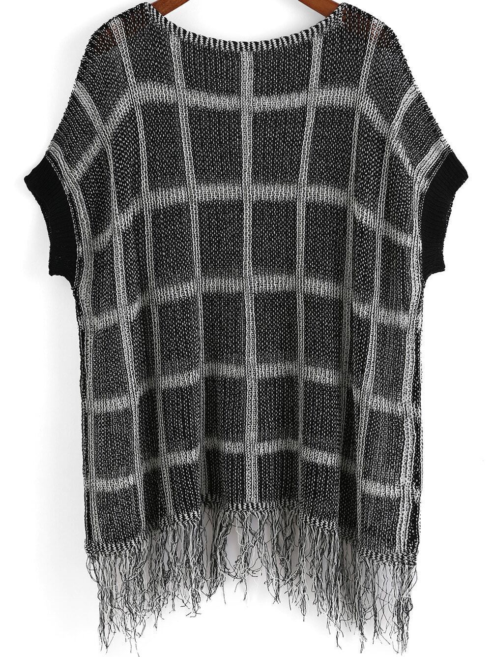 With Tassel Plaid Hollow Black SweaterFor Womenromwe