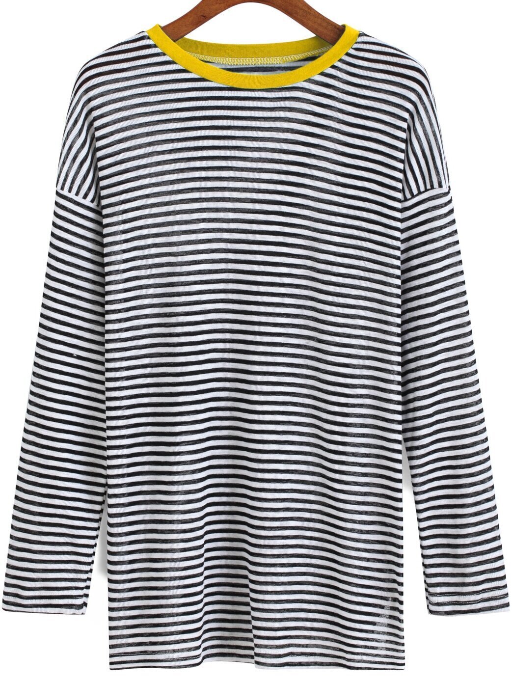 Black White Contrast Collar Striped TShirtFor Womenromwe