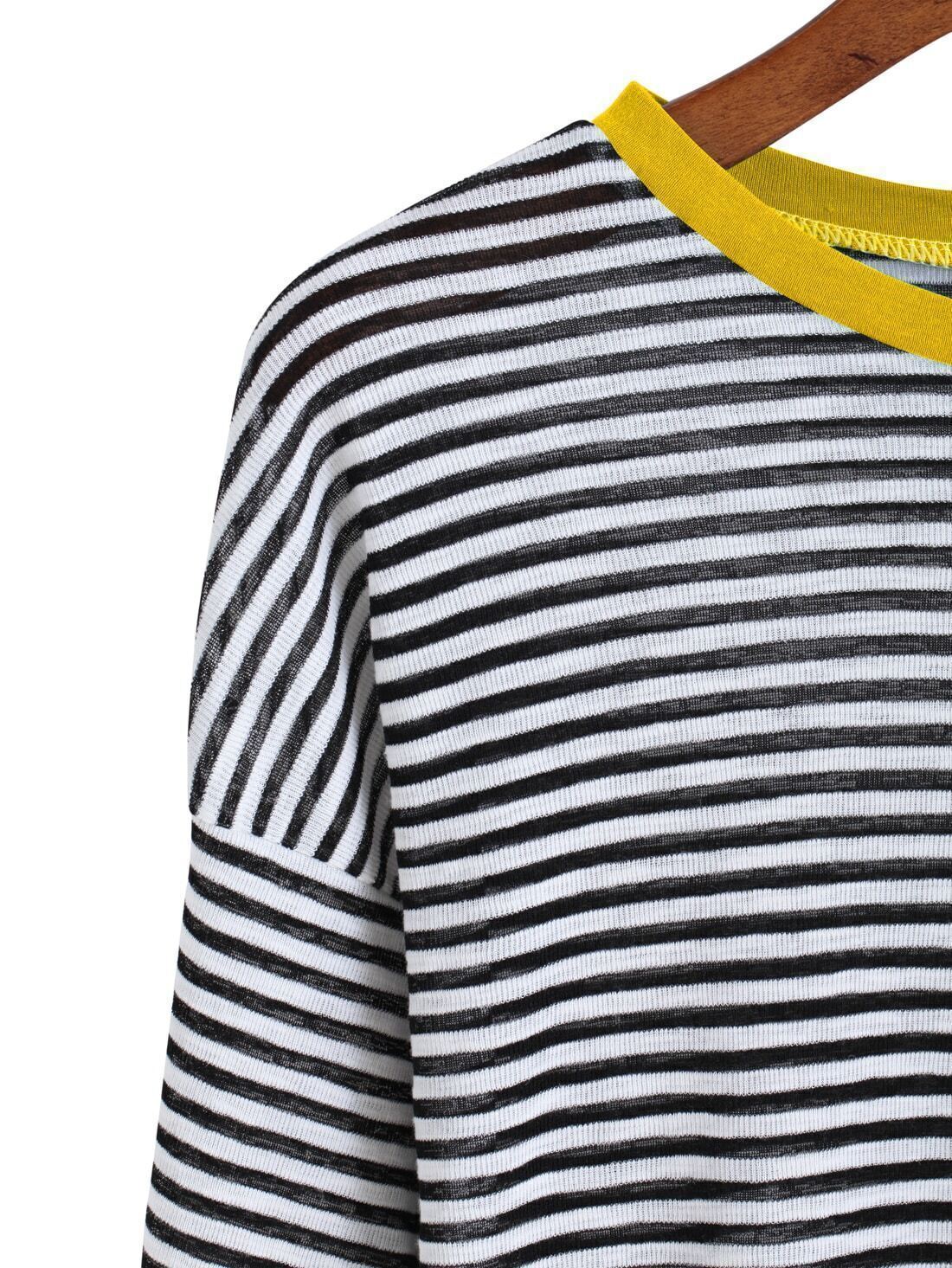 Black White Contrast Collar Striped TShirtFor Womenromwe