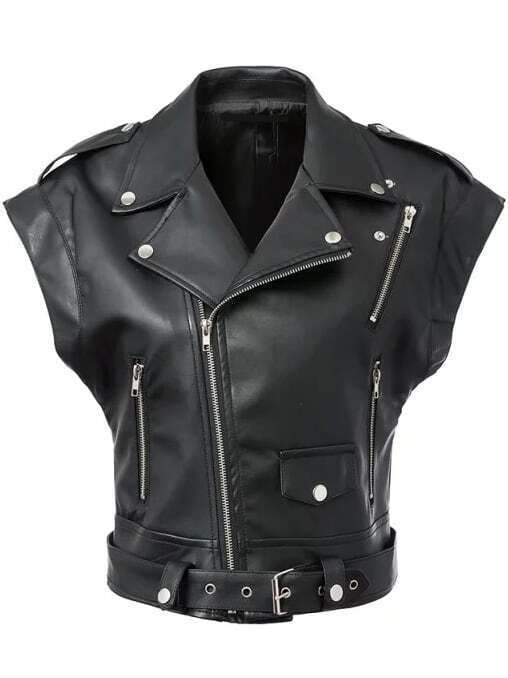 Lapel Short Sleeve Zipper Buckle Strap JacketFor Womenromwe