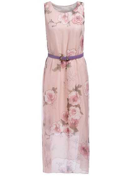 Sleeveless Floral Chiffon Pink Dress