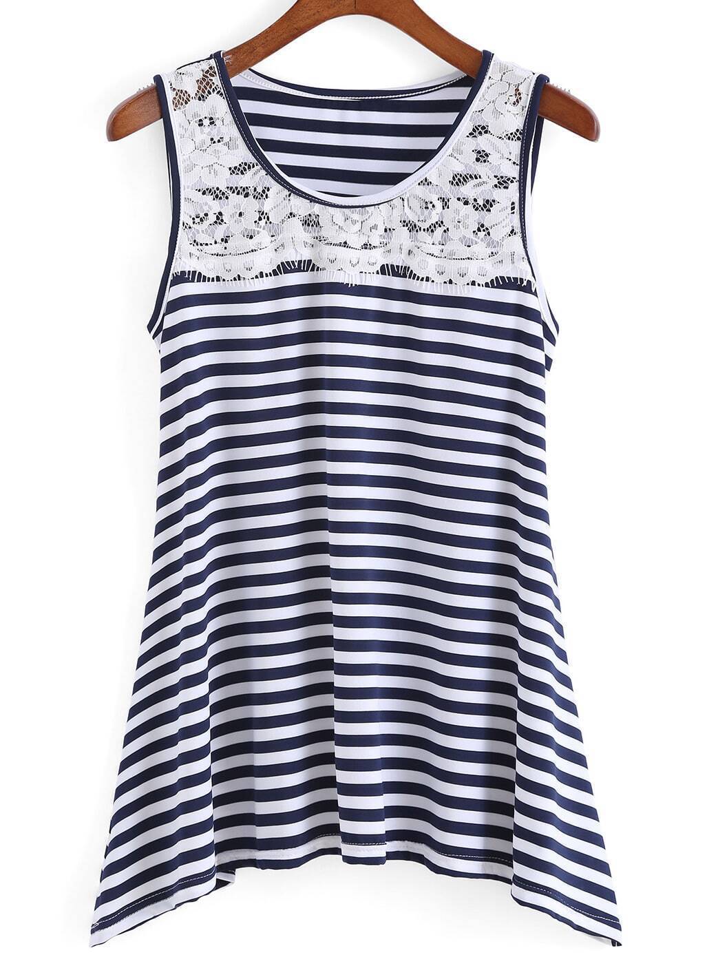 Lace Striped Blue and White Tank Top ROMWE