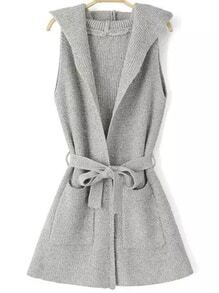 Light Grey Hooded Sleeveless Tie-waist Knit Sweater
