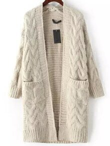 Grey Long Sleeve Cable Knit Pockets Cardigan
