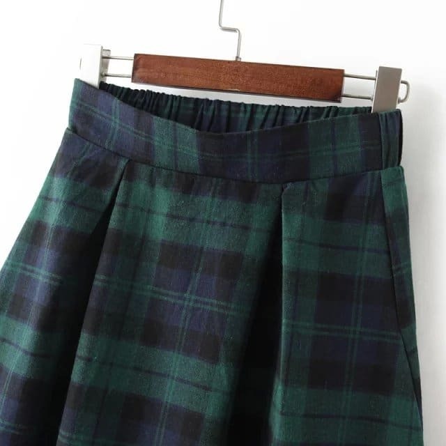 Green Blue Elastic Waist Plaid SkirtFor Womenromwe
