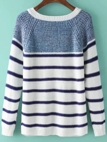 Blue White Round Neck Striped Knit SweaterFor Women-romwe