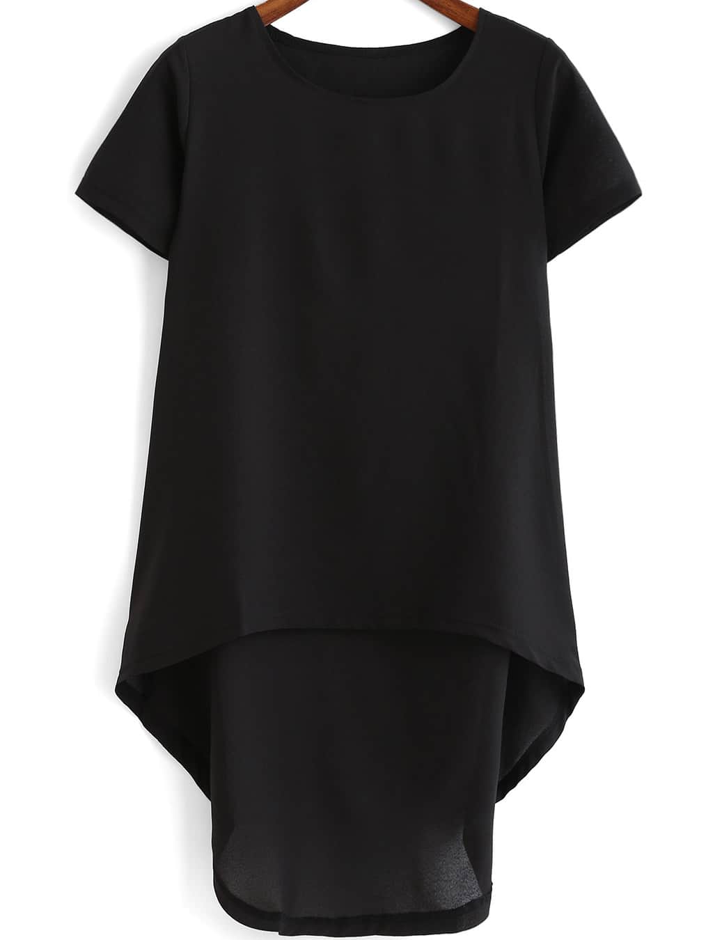 Black Round Neck Dip Hem Chiffon Blouse