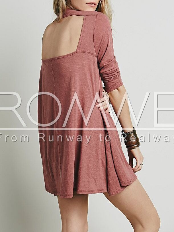 Red Long Sleeve Backless Casual DressFor Womenromwe