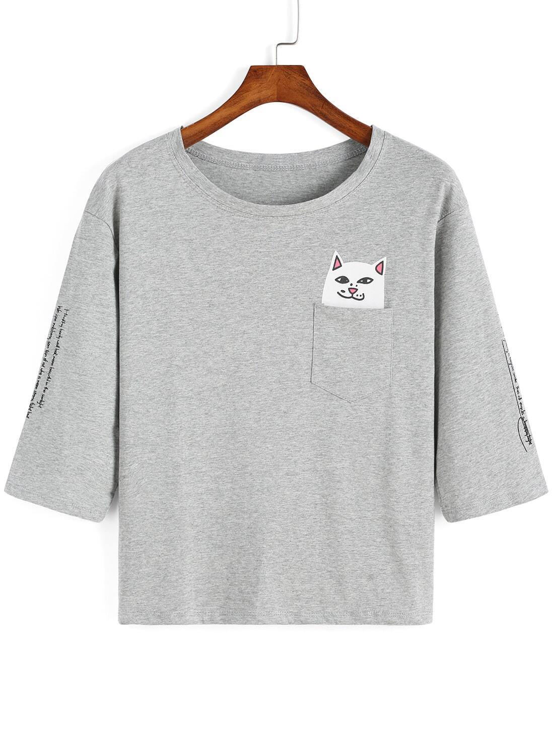 Cat Print Pocket TshirtFor Womenromwe