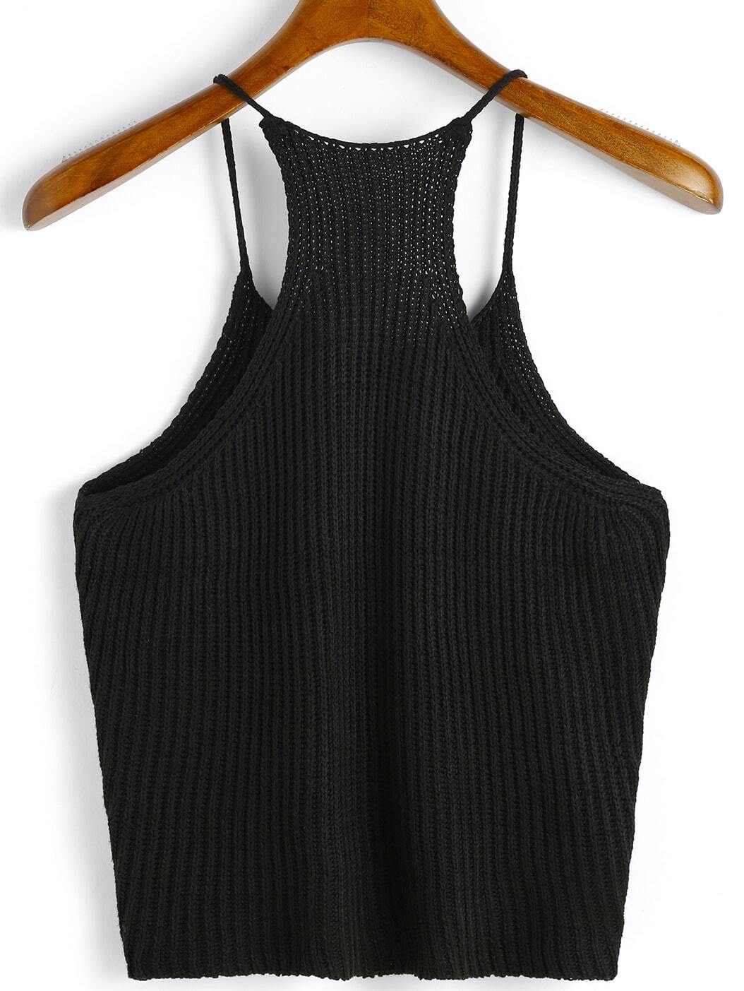 Spaghetti Strap Knit Black Cami TopFor Womenromwe