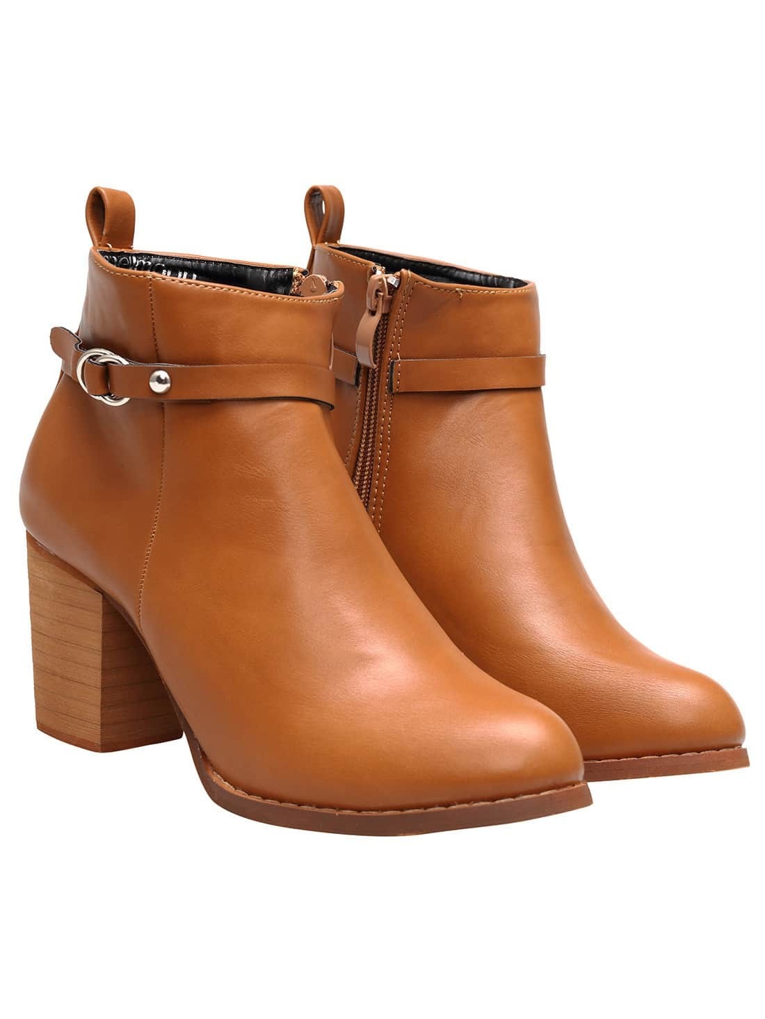 Brown Pointy Side Zipper PU Chunky Heels BootsFor Womenromwe
