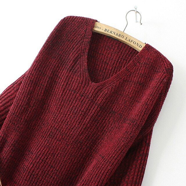 V Neck Long Sleeve Belt Wine Red Sweater DressFor Womenromwe