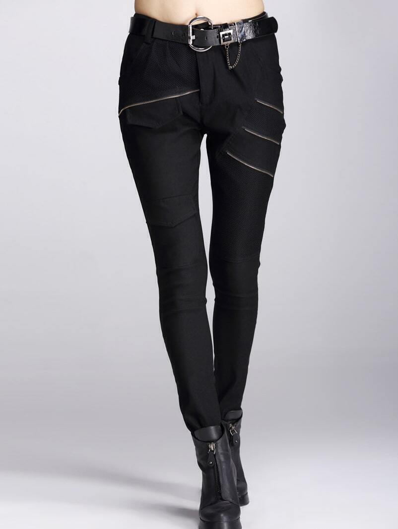 Zipper Pockets Slim Black PantFor Womenromwe