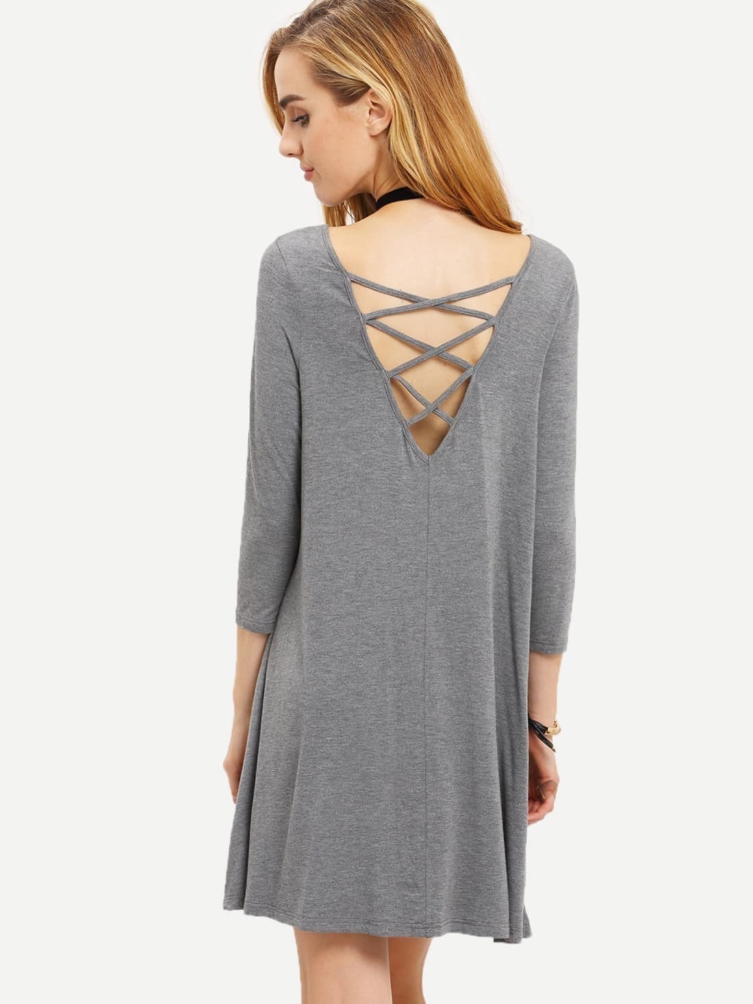 Grey Long Sleeve Backless DressFor Womenromwe
