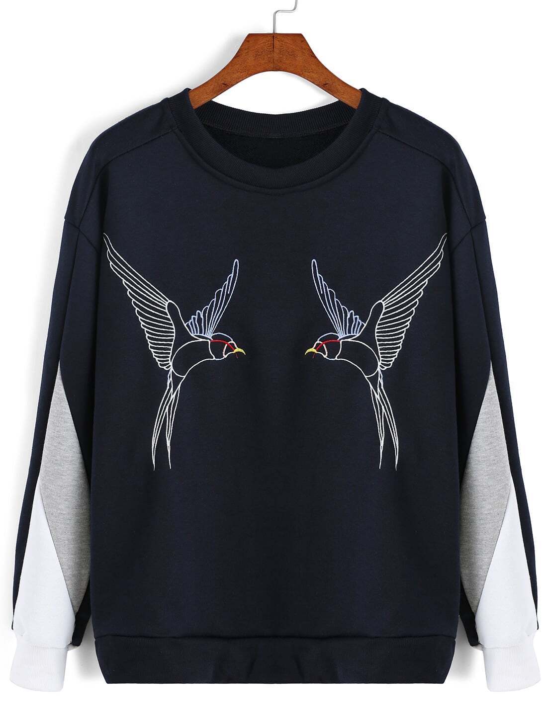 Colorblock Bird Embroidered SweatshirtFor Womenromwe