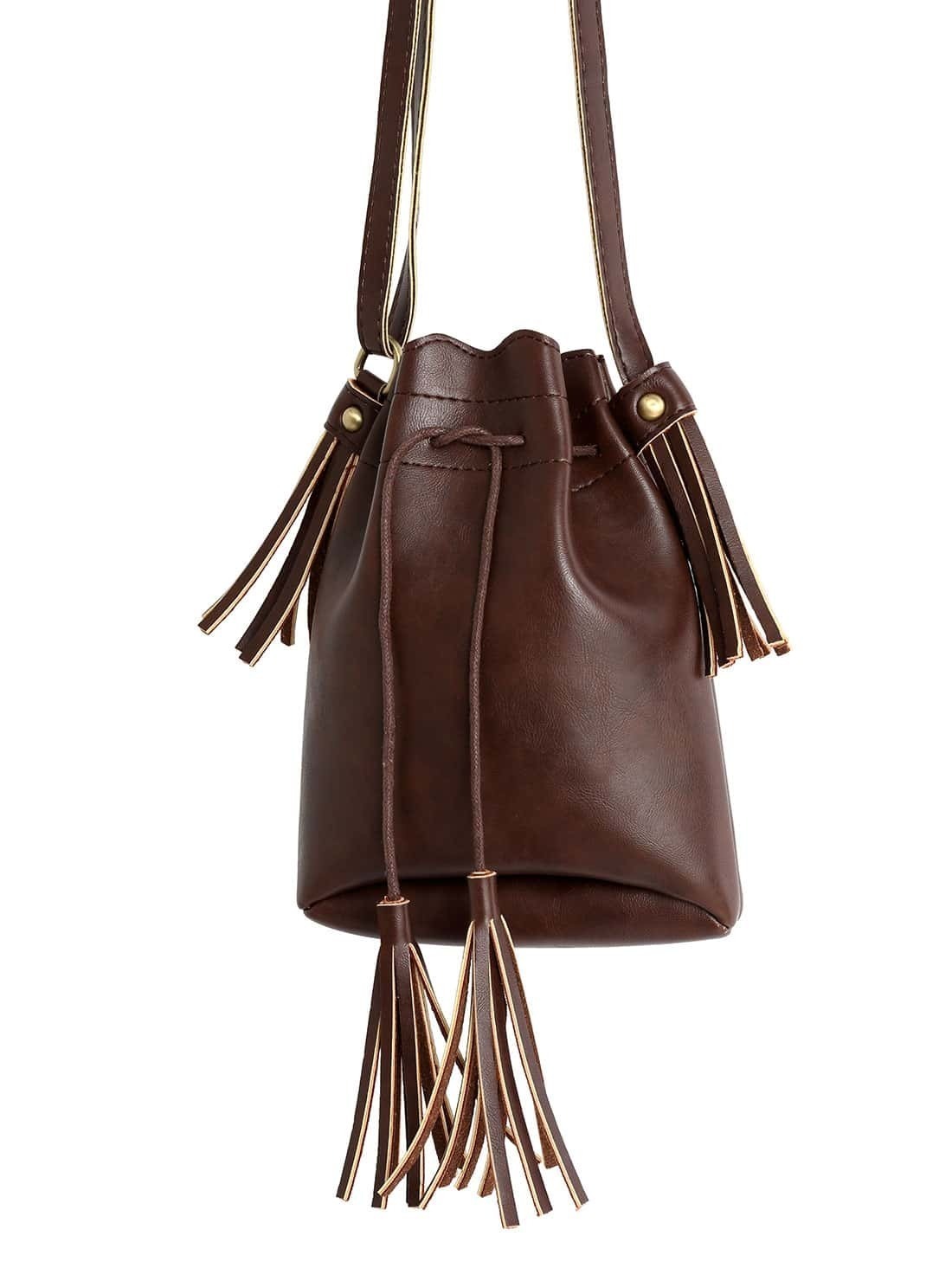 Brown Drawstring Tassel Shoulder BagFor Womenromwe