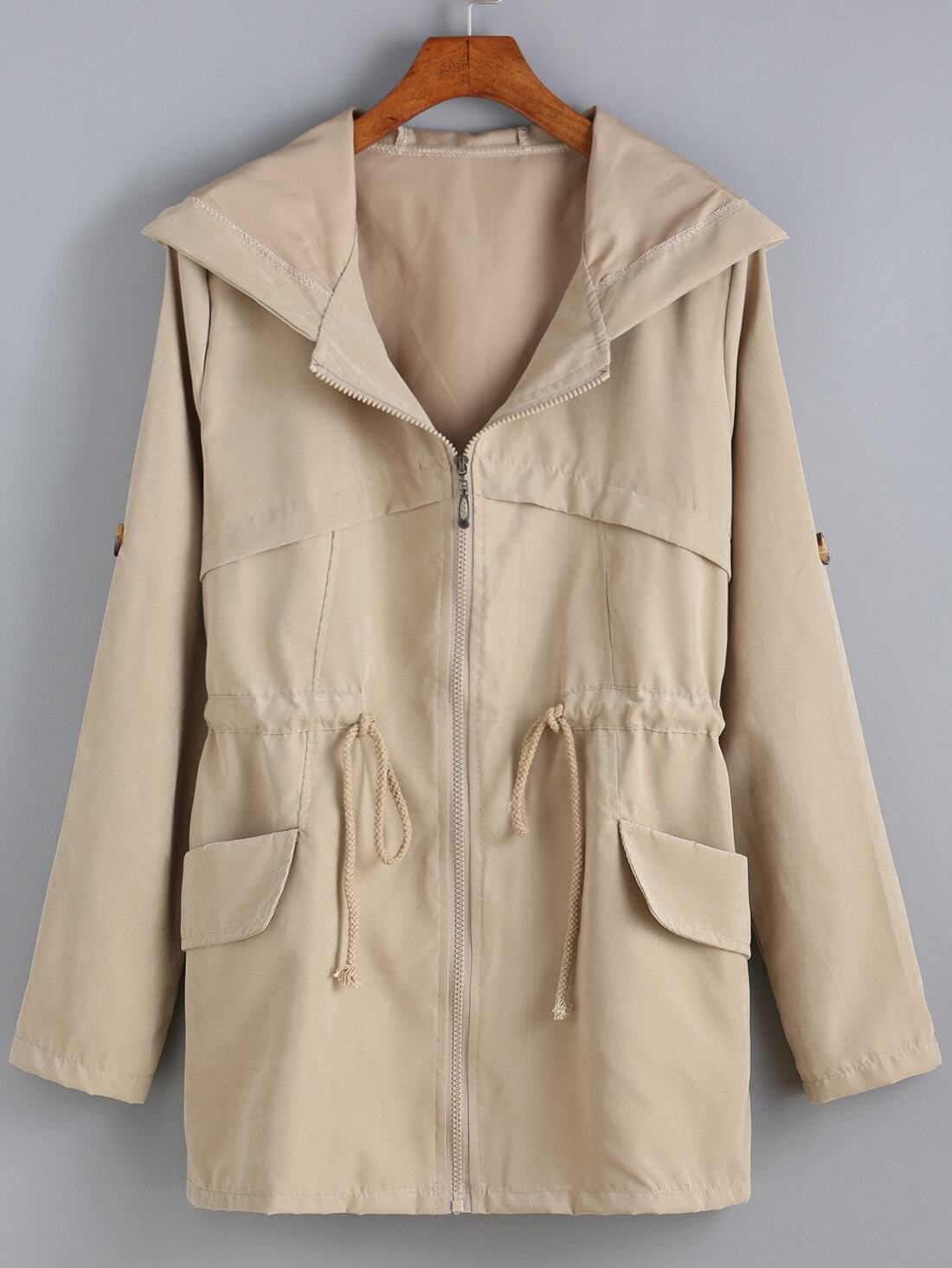 Hooded Drawstring Zipper Khaki CoatFor Womenromwe