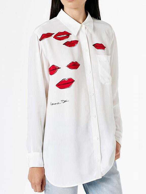 Lapel Lips Print BlouseFor Womenromwe