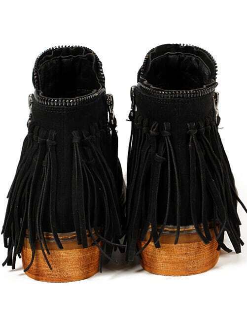 Black Brush Round Toe Tassel Zipper BootsFor Womenromwe