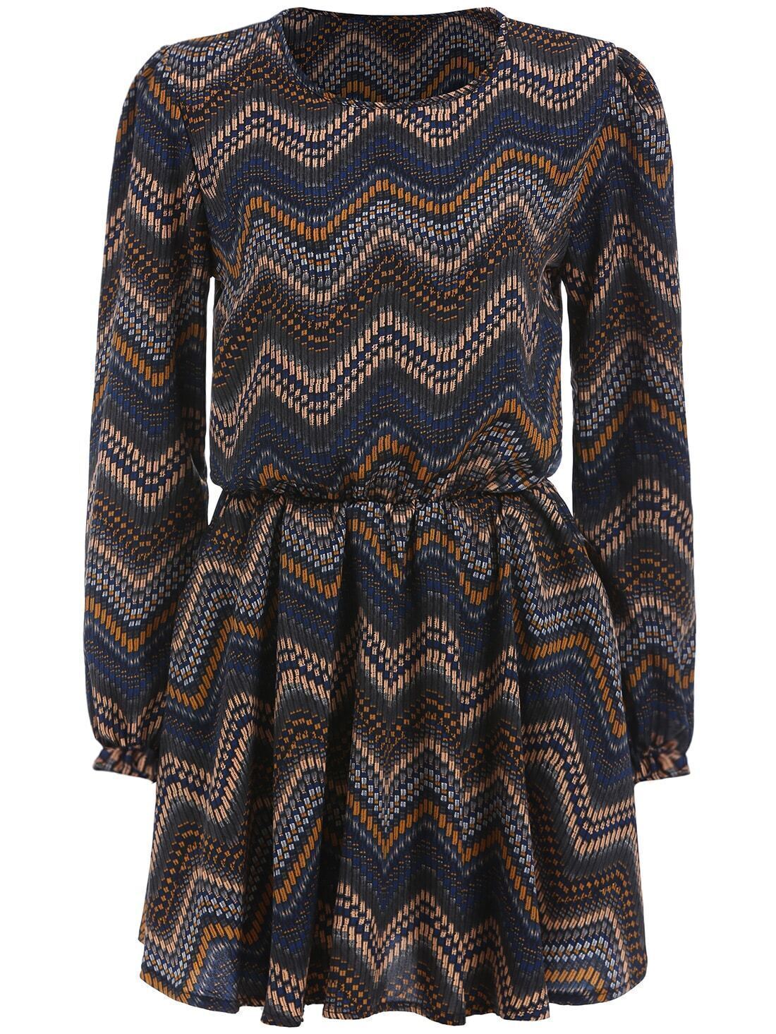 Long Sleeve Zigzag Pleated DressFor Womenromwe