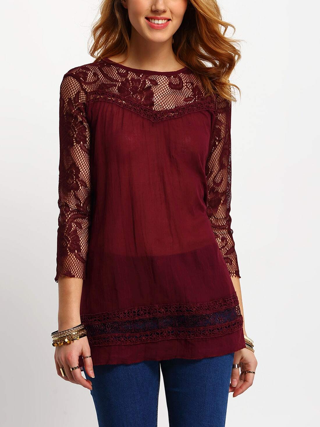 Lace Insert Hollow Maroon BlouseFor Womenromwe
