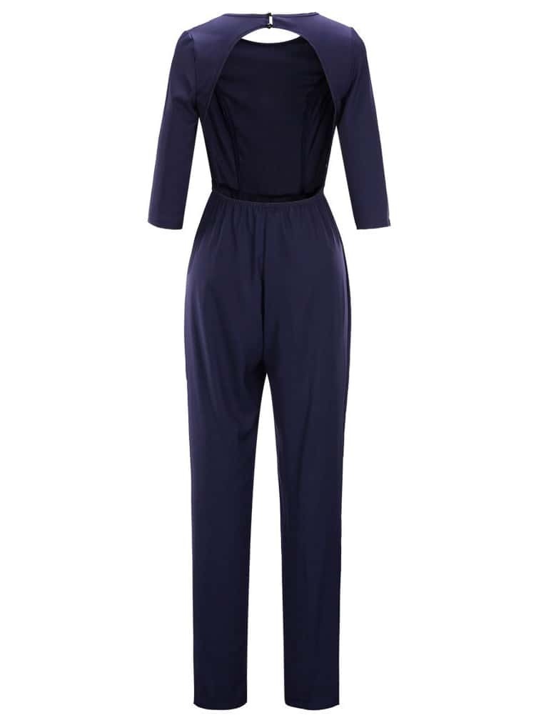 Open Back Fitted Navy JumpsuitFor Womenromwe