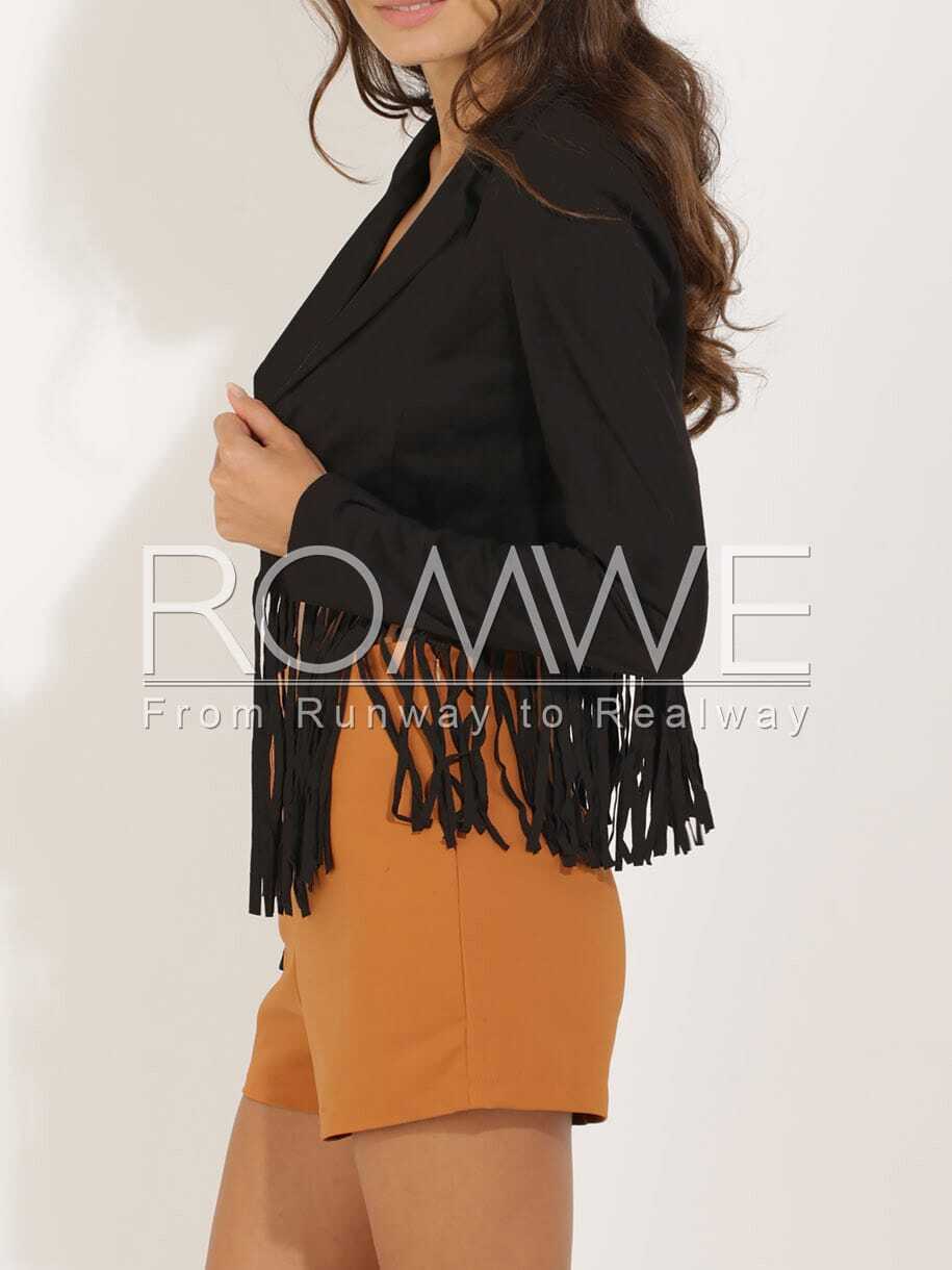 Black Long Sleeve Tassel JacketFor Womenromwe