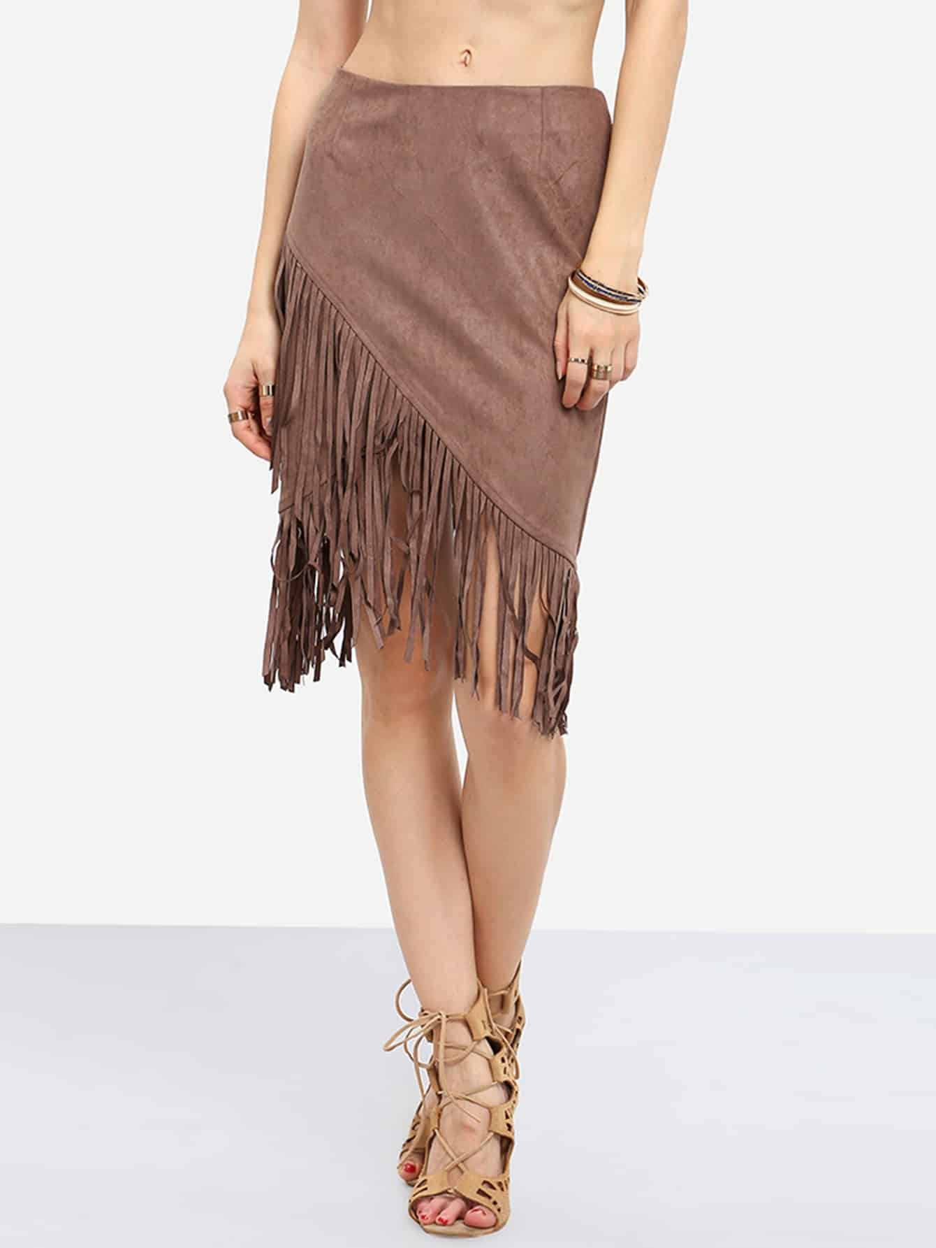 Brown Asymmetric Tassel SkirtFor Womenromwe