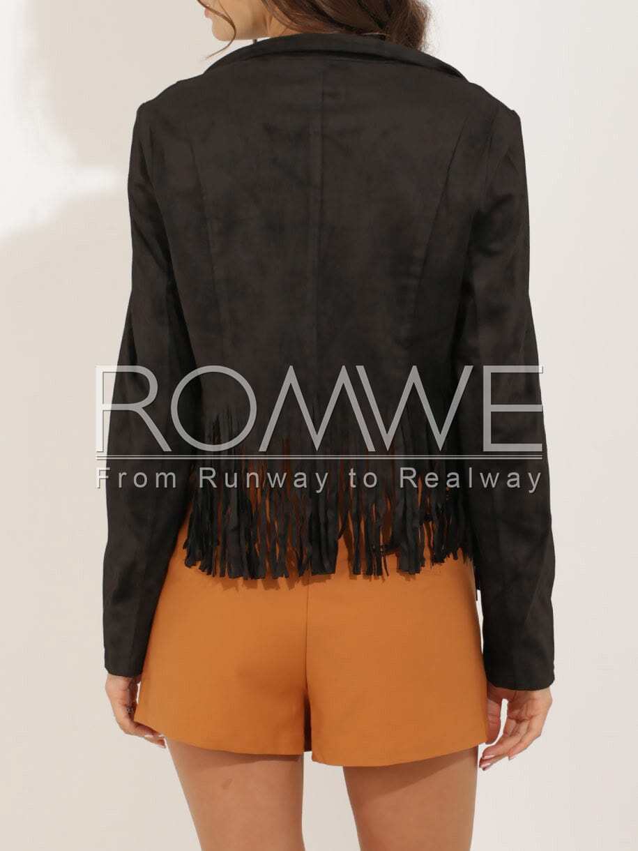 Black Long Sleeve Tassel JacketFor Womenromwe