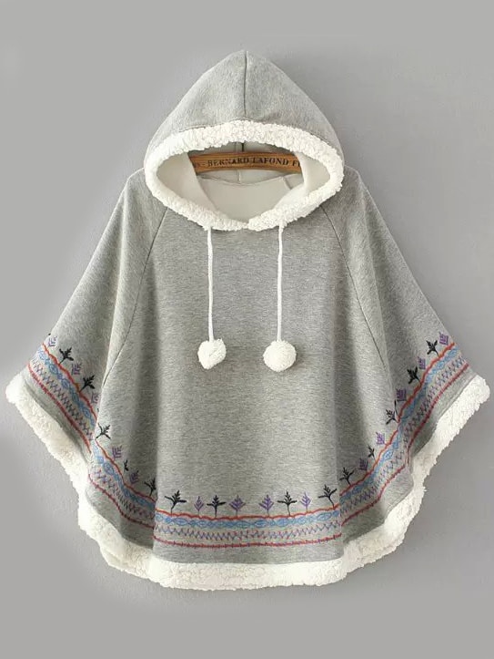 Hooded Embroidered Embellished Grey Cape CoatFor Womenromwe