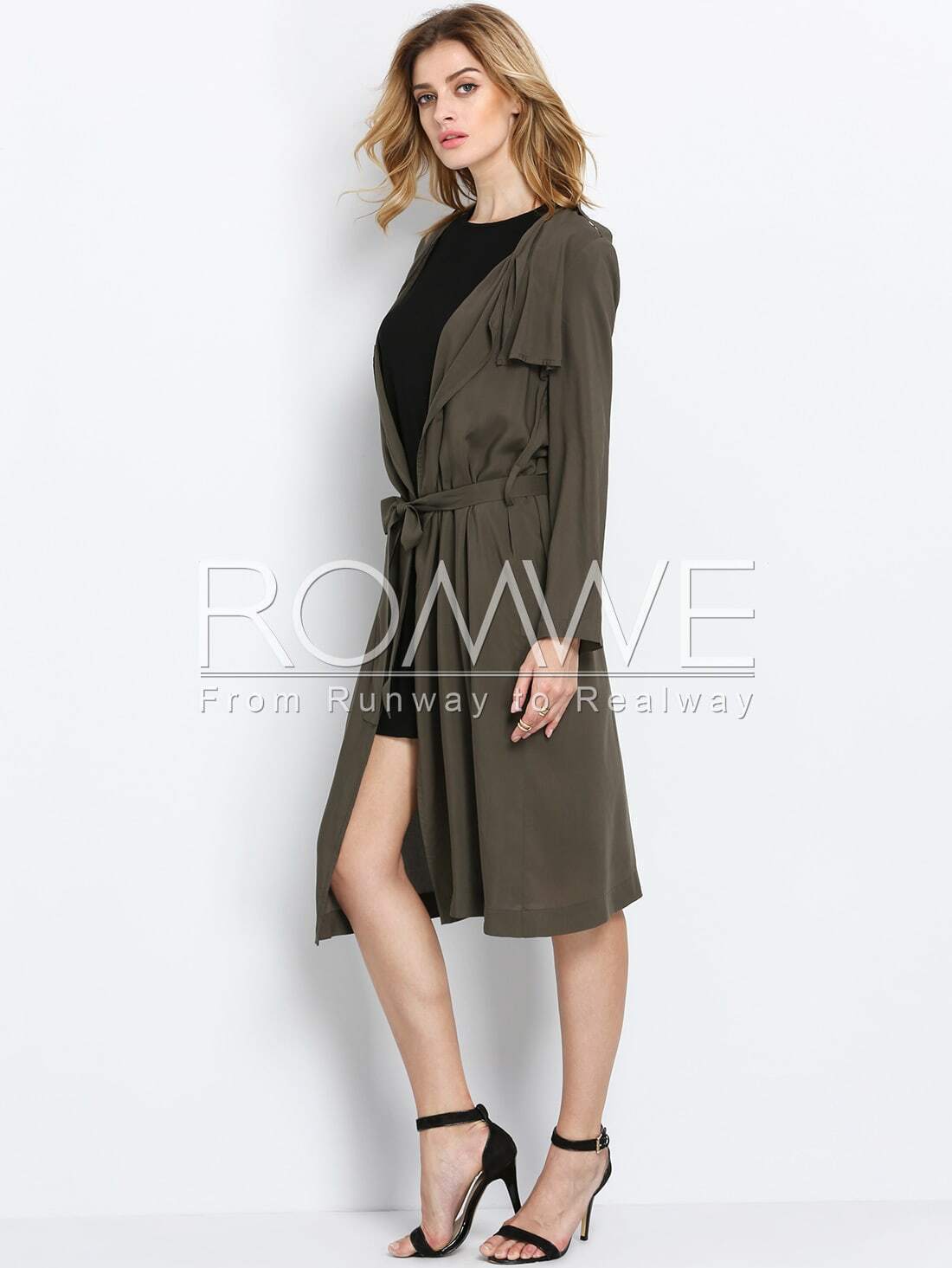Army Green Long Sleeve Trench CoatFor Womenromwe