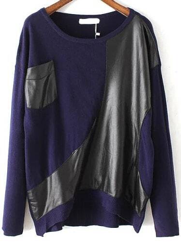 Contrast PU Pocket Royal Blue Sweater