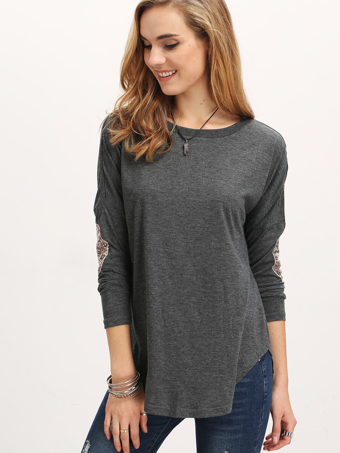 Grey Long Sleeve Sequined TShirtFor Womenromwe